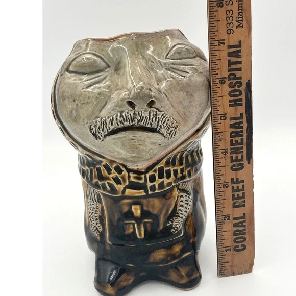 Unique Ceramic Face Planter vase signed Mustache Monk Knight Robe Textured Glaze